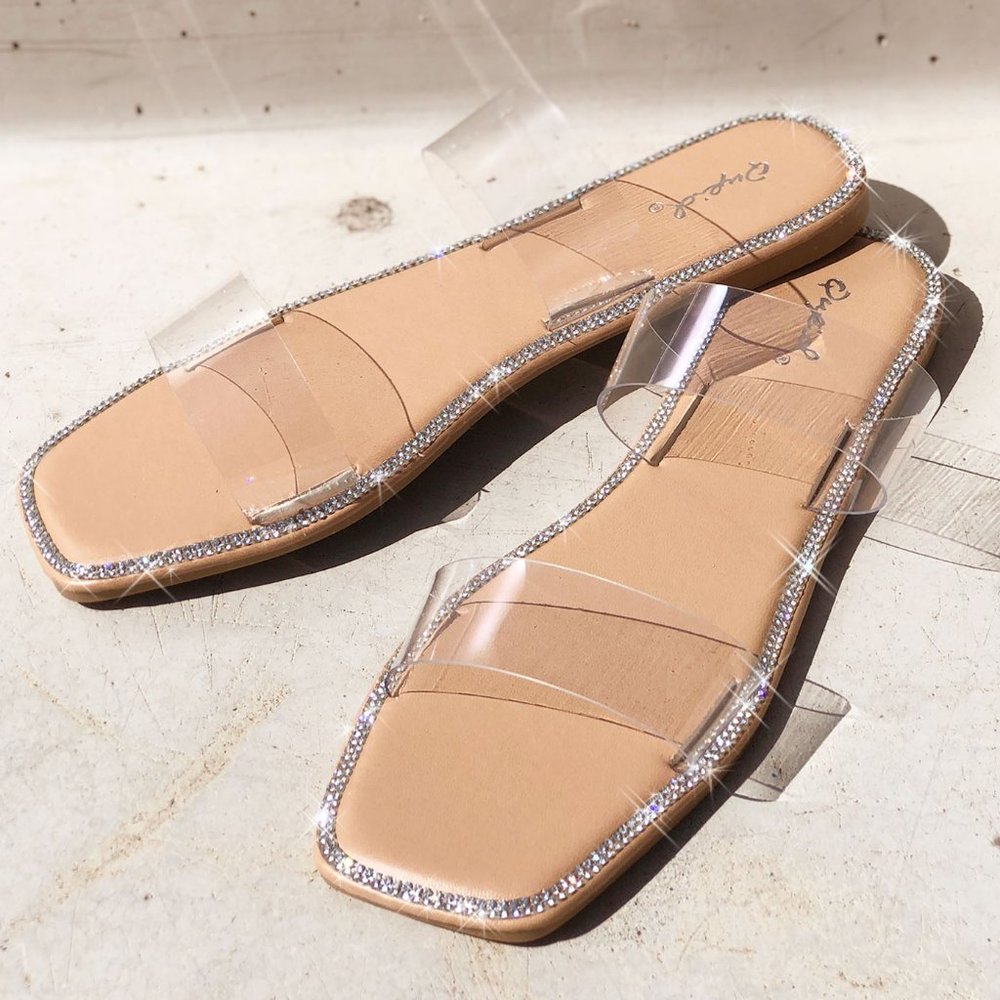 NEW Clear Sparkly Rhinestone Embellished Double Straps Slip On Slides Sandals - Picture 15 of 15